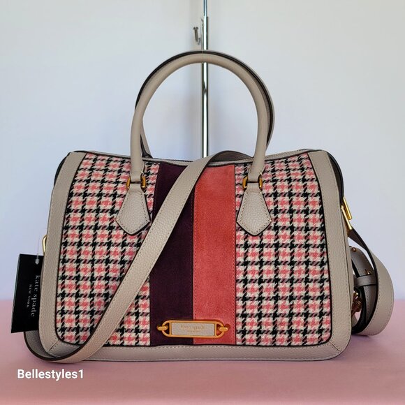 KATE SPADE Gramercy Racing Stripe Plaid Twill Medium Satchel-Mushroom Multi ⭐ - Picture 1 of 16